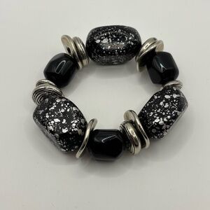 Chunky Black, Silver and White Beaded Stretch Bracelet
